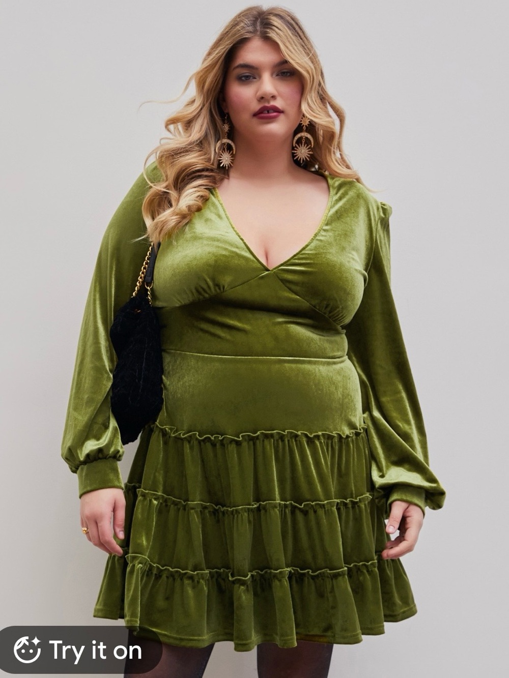 💚✨ CIDER Olive Green Velvet Tiered Mini Dress 4XL NWT Long Sleeve Ruffle